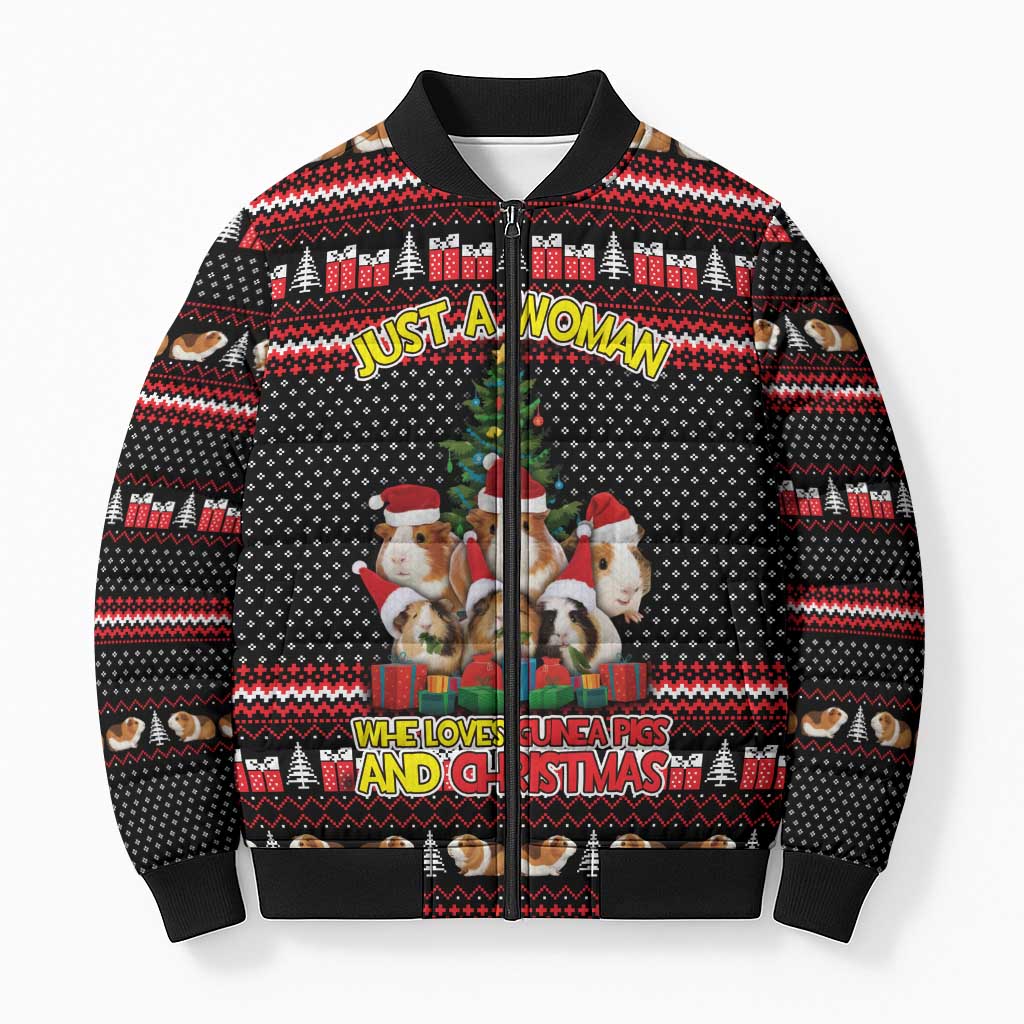 Guinea Pig Christmas Bomber Puffer Jacket with Santa Hats Tree and Festive Gift Pattern - Wonder Print Shop