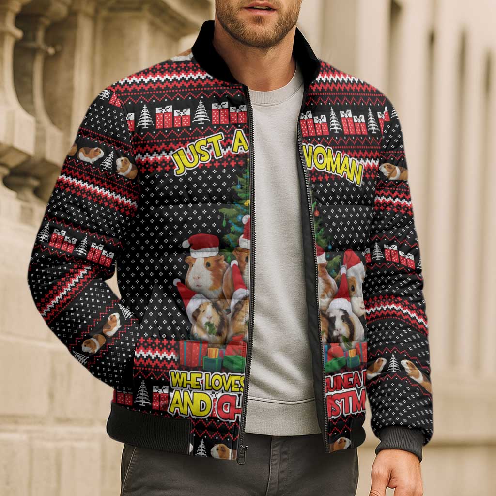 Guinea Pig Christmas Bomber Puffer Jacket with Santa Hats Tree and Festive Gift Pattern - Wonder Print Shop