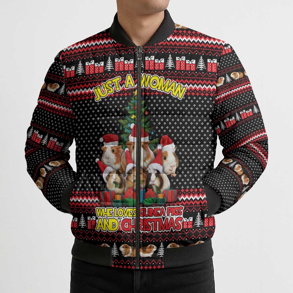Guinea Pig Christmas Bomber Puffer Jacket with Santa Hats Tree and Festive Gift Pattern - Wonder Print Shop