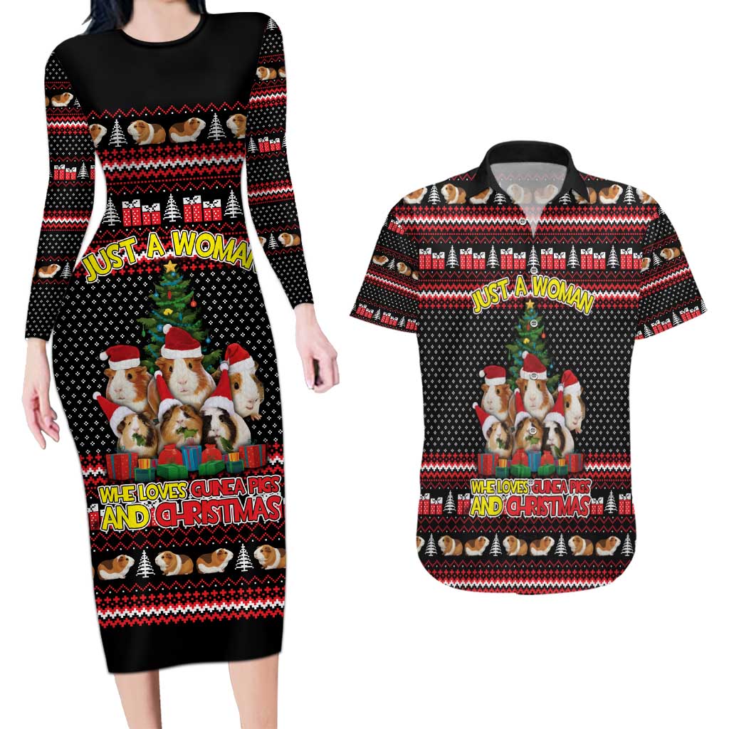 Guinea Pig Christmas Couples Matching Long Sleeve Bodycon Dress and Hawaiian Shirt with Santa Hats Tree and Festive Gift Pattern - Wonder Print Shop