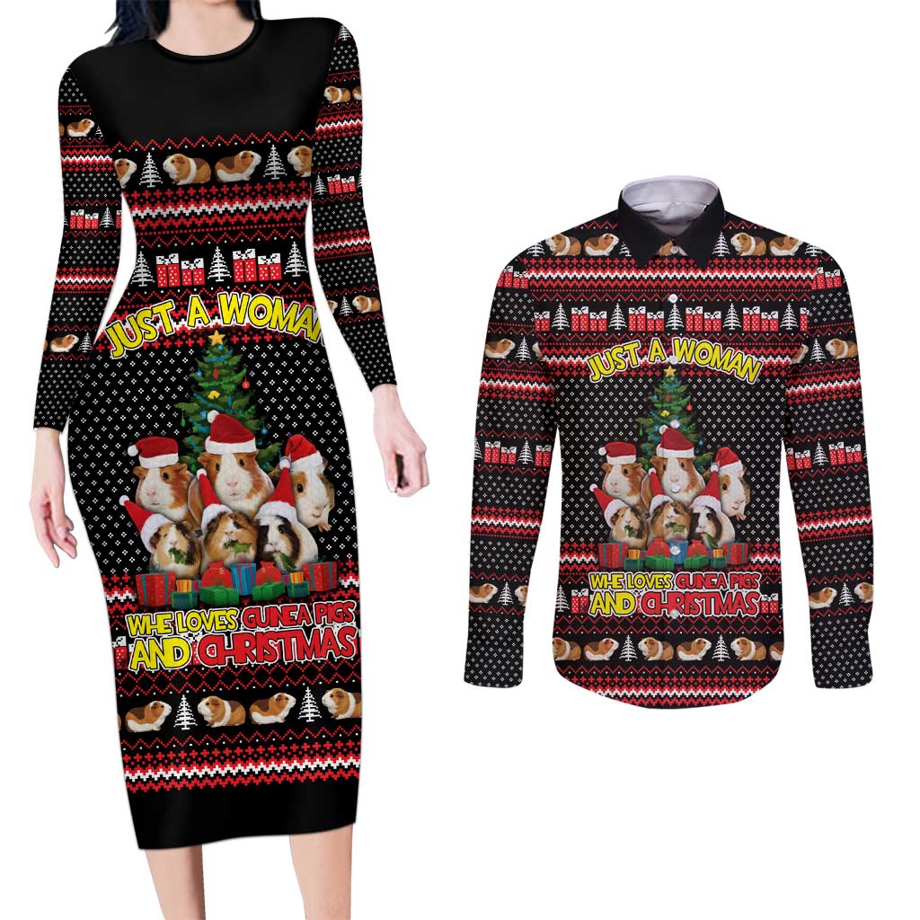 Guinea Pig Christmas Couples Matching Long Sleeve Bodycon Dress and Long Sleeve Button Shirt with Santa Hats Tree and Festive Gift Pattern - Wonder Print Shop