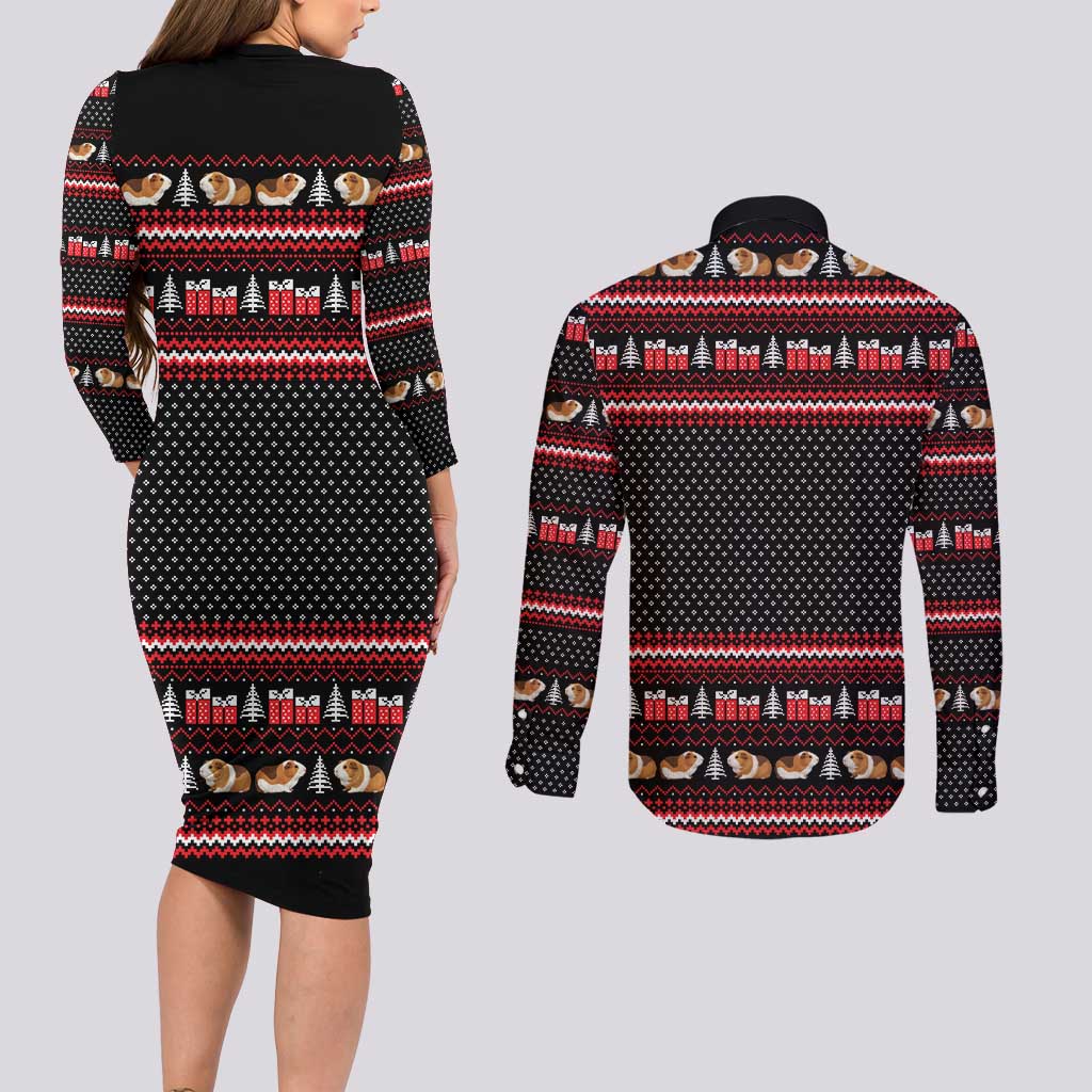 Guinea Pig Christmas Couples Matching Long Sleeve Bodycon Dress and Long Sleeve Button Shirt with Santa Hats Tree and Festive Gift Pattern - Wonder Print Shop