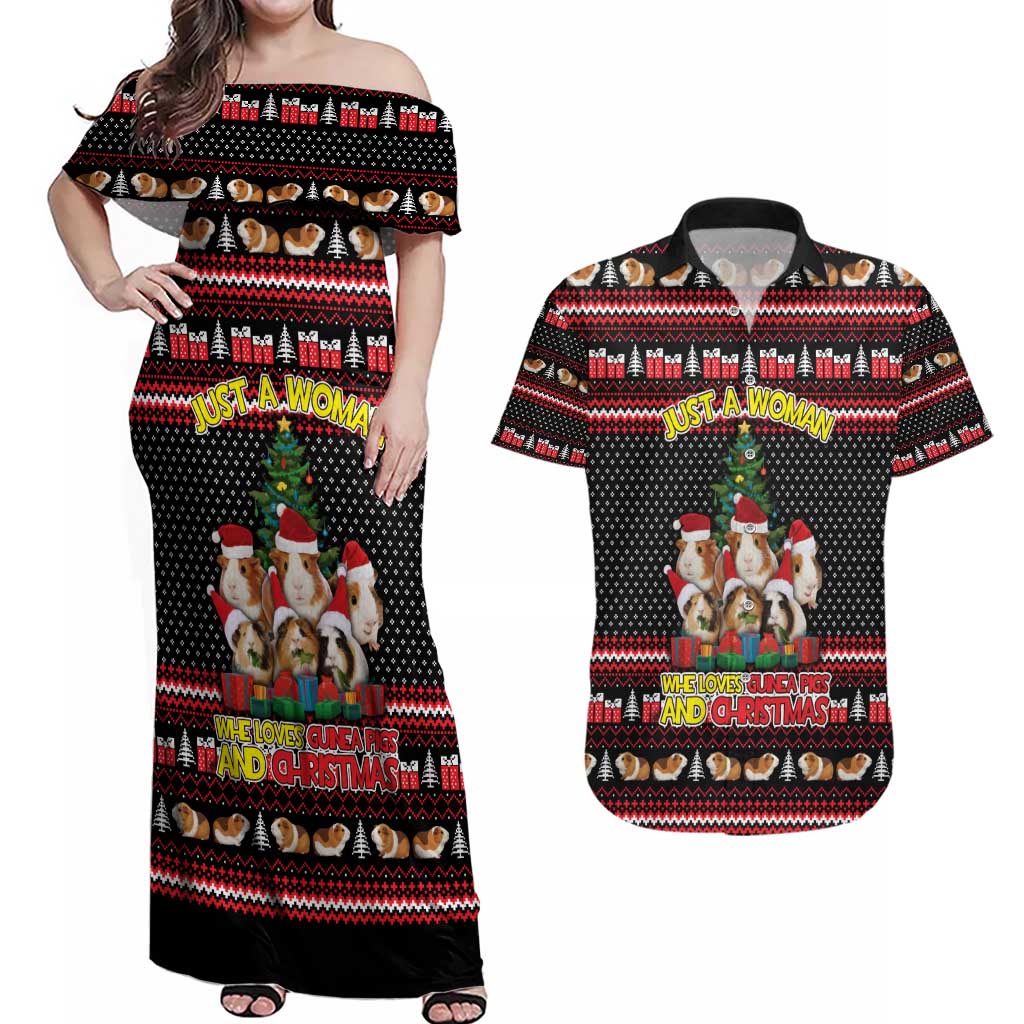 Guinea Pig Christmas Couples Matching Off Shoulder Maxi Dress and Hawaiian Shirt with Santa Hats Tree and Festive Gift Pattern - Wonder Print Shop