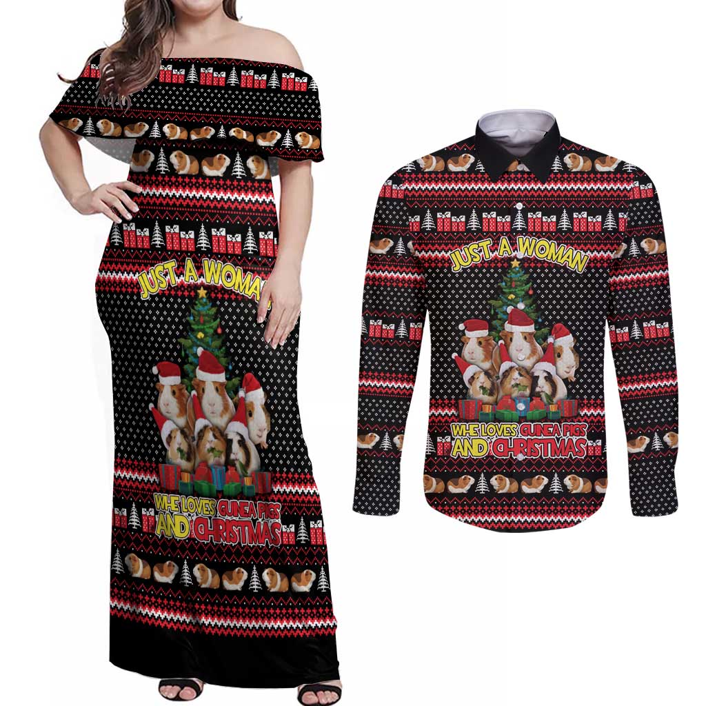 Guinea Pig Christmas Couples Matching Off Shoulder Maxi Dress and Long Sleeve Button Shirt with Santa Hats Tree and Festive Gift Pattern - Wonder Print Shop