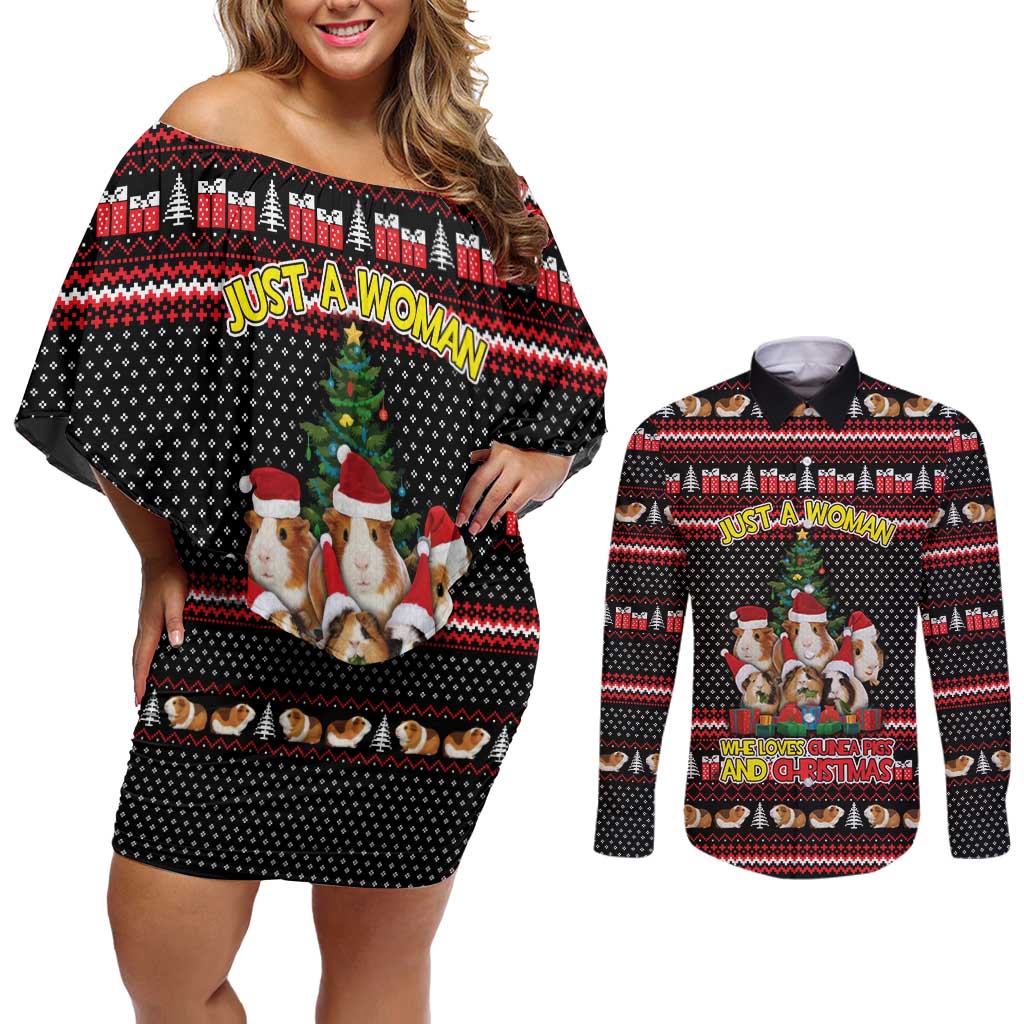 Guinea Pig Christmas Couples Matching Off Shoulder Short Dress and Long Sleeve Button Shirt with Santa Hats Tree and Festive Gift Pattern - Wonder Print Shop