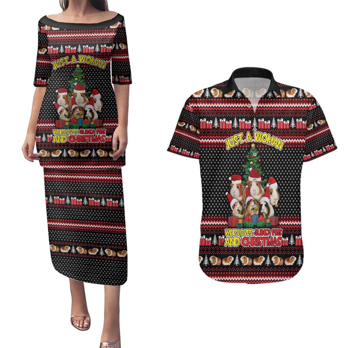 Guinea Pig Christmas Couples Matching Puletasi and Hawaiian Shirt with Santa Hats Tree and Festive Gift Pattern - Wonder Print Shop