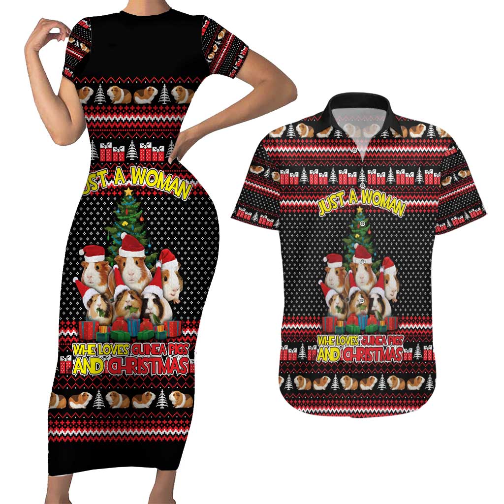 Guinea Pig Christmas Couples Matching Short Sleeve Bodycon Dress and Hawaiian Shirt with Santa Hats Tree and Festive Gift Pattern - Wonder Print Shop