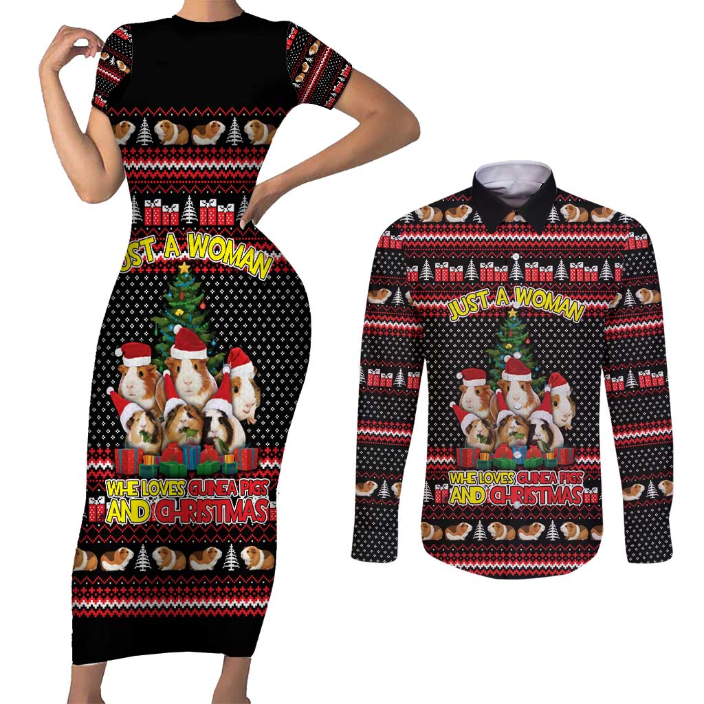 Guinea Pig Christmas Couples Matching Short Sleeve Bodycon Dress and Long Sleeve Button Shirt with Santa Hats Tree and Festive Gift Pattern - Wonder Print Shop