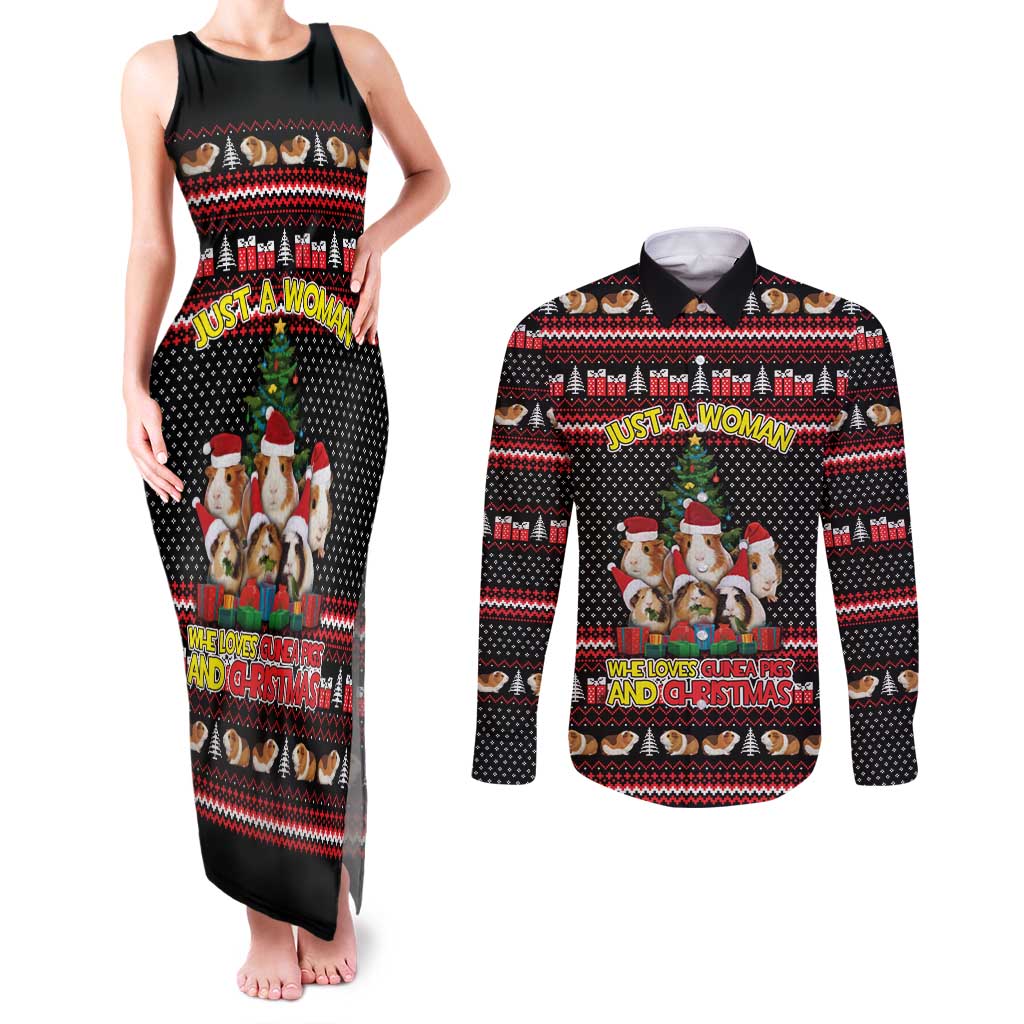 Guinea Pig Christmas Couples Matching Tank Maxi Dress and Long Sleeve Button Shirt with Santa Hats Tree and Festive Gift Pattern - Wonder Print Shop
