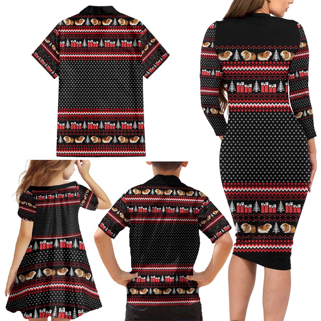 Guinea Pig Christmas Family Matching Long Sleeve Bodycon Dress and Hawaiian Shirt with Santa Hats Tree and Festive Gift Pattern - Wonder Print Shop