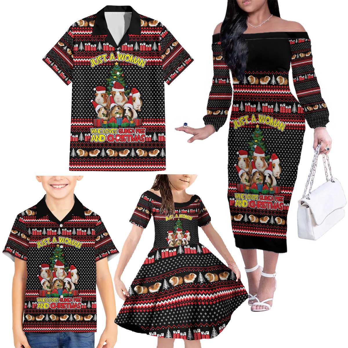 Guinea Pig Christmas Family Matching Off The Shoulder Long Sleeve Dress and Hawaiian Shirt with Santa Hats Tree and Festive Gift Pattern - Wonder Print Shop