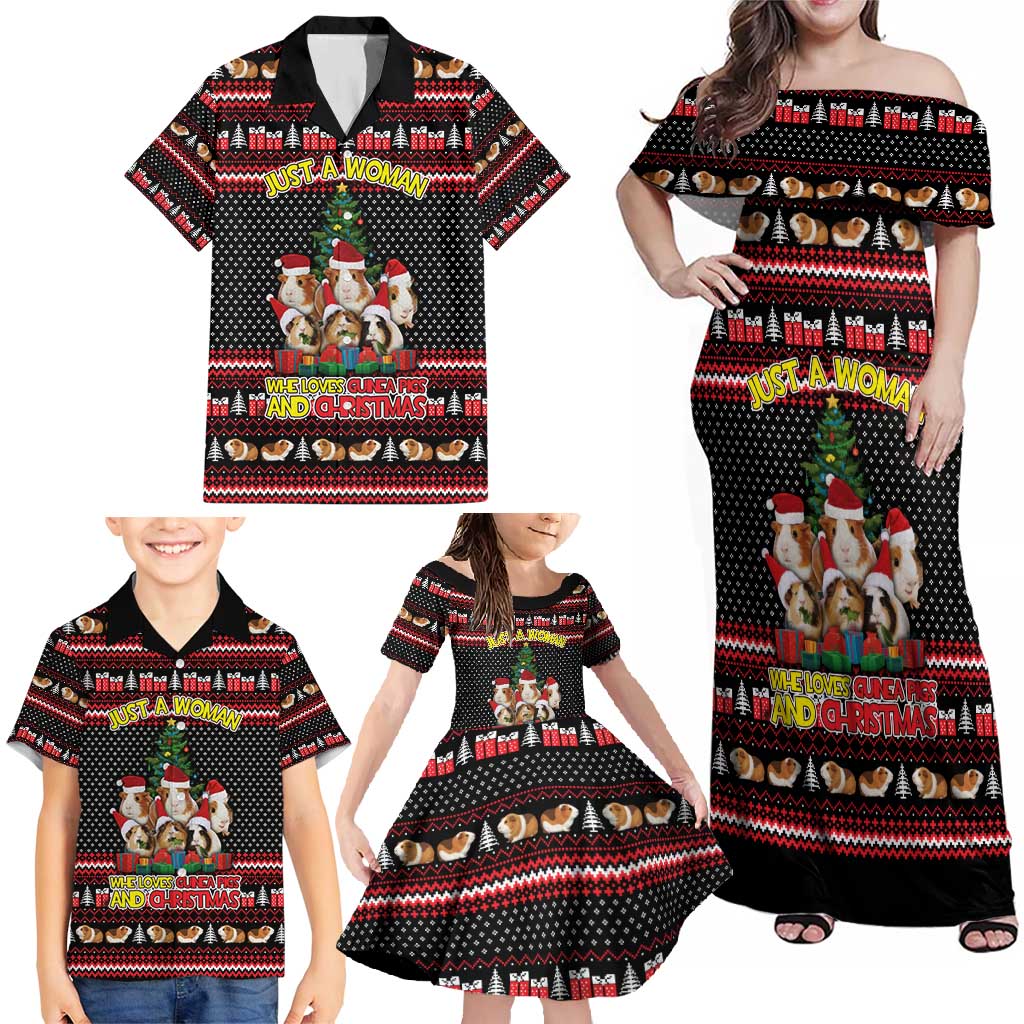 Guinea Pig Christmas Family Matching Off Shoulder Maxi Dress and Hawaiian Shirt with Santa Hats Tree and Festive Gift Pattern - Wonder Print Shop