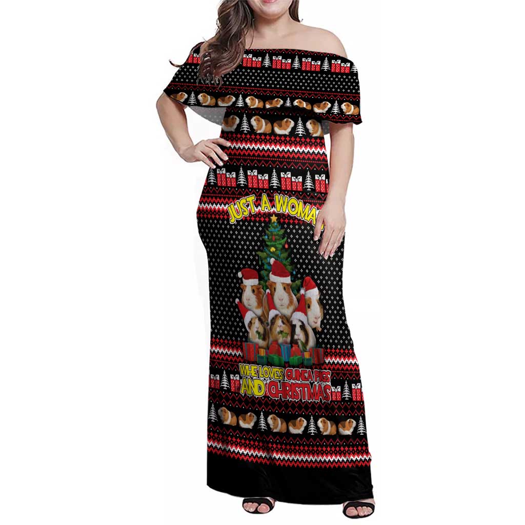 Guinea Pig Christmas Family Matching Off Shoulder Maxi Dress and Hawaiian Shirt with Santa Hats Tree and Festive Gift Pattern - Wonder Print Shop