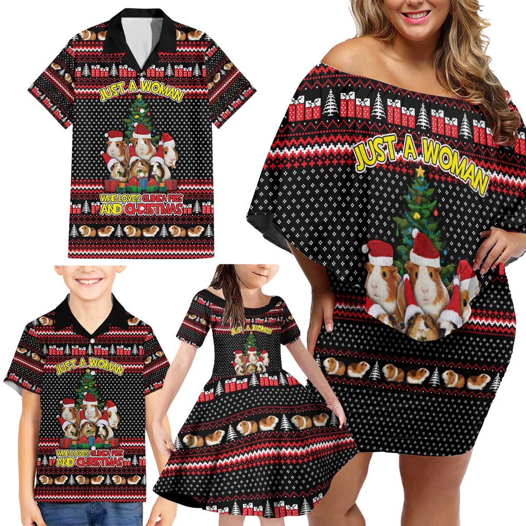 Guinea Pig Christmas Family Matching Off Shoulder Short Dress and Hawaiian Shirt with Santa Hats Tree and Festive Gift Pattern - Wonder Print Shop