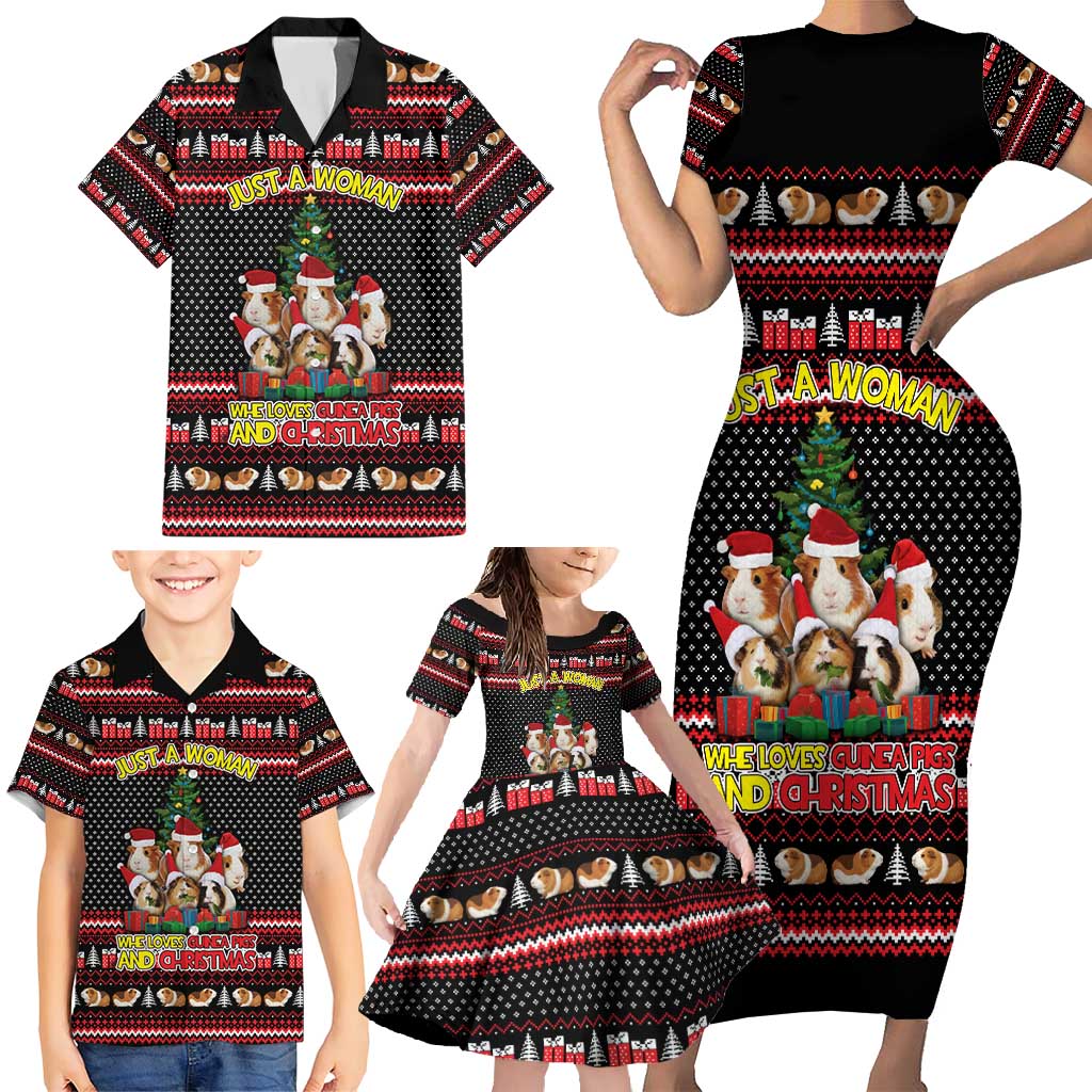 Guinea Pig Christmas Family Matching Short Sleeve Bodycon Dress and Hawaiian Shirt with Santa Hats Tree and Festive Gift Pattern - Wonder Print Shop