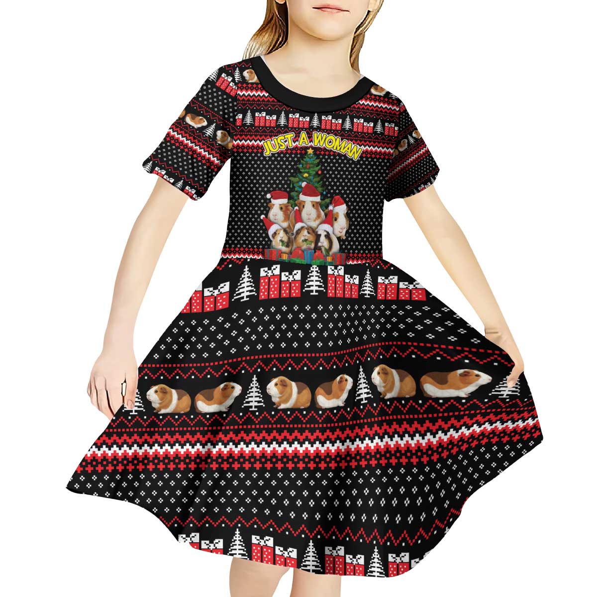 Guinea Pig Christmas Kid Short Sleeve Dress with Santa Hats Tree and Festive Gift Pattern - Wonder Print Shop