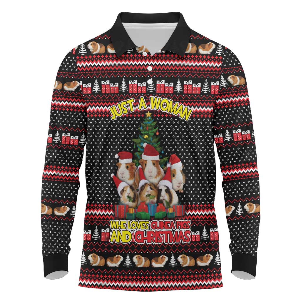 Guinea Pig Christmas Long Sleeve Polo Shirt with Santa Hats Tree and Festive Gift Pattern - Wonder Print Shop