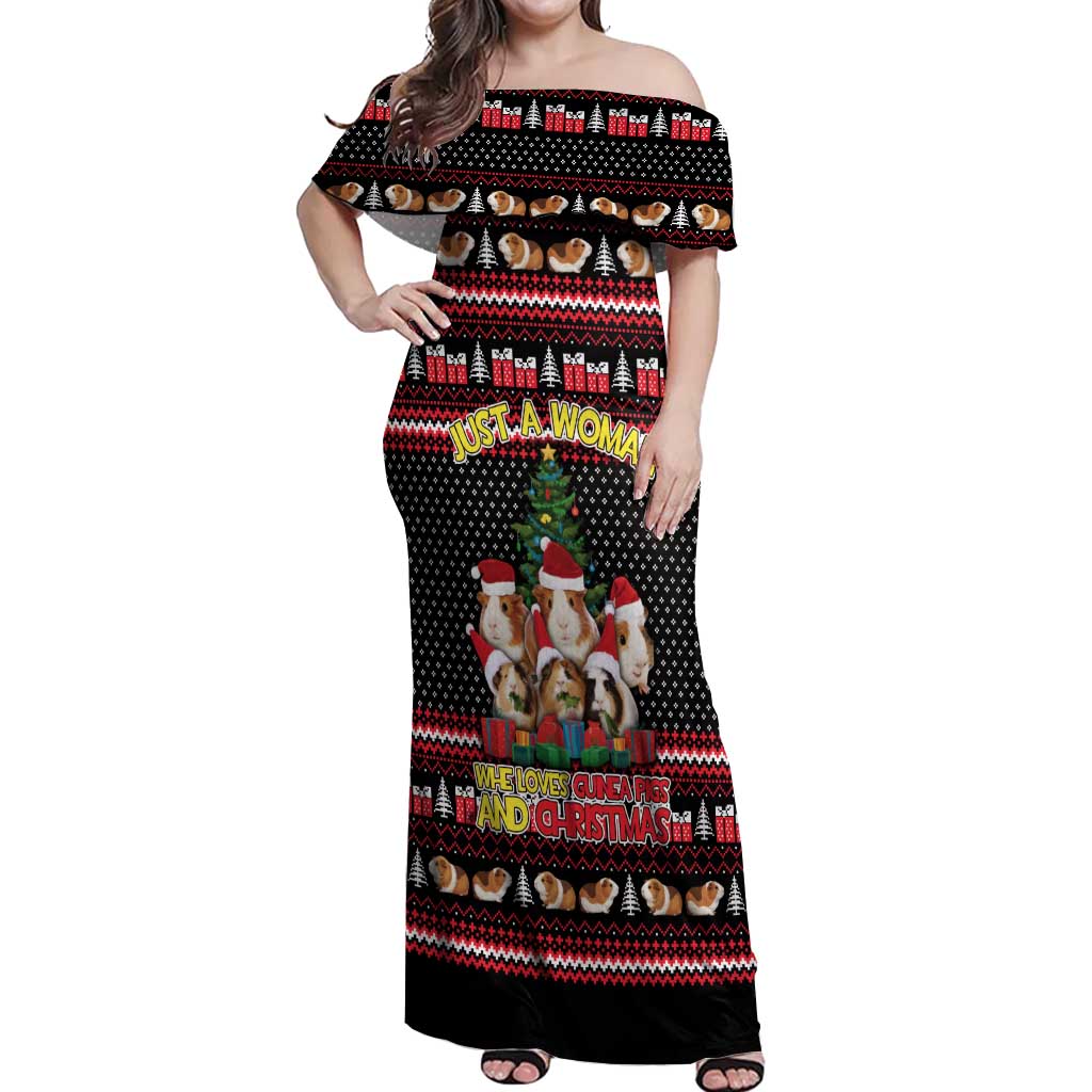 Guinea Pig Christmas Off Shoulder Maxi Dress with Santa Hats Tree and Festive Gift Pattern - Wonder Print Shop
