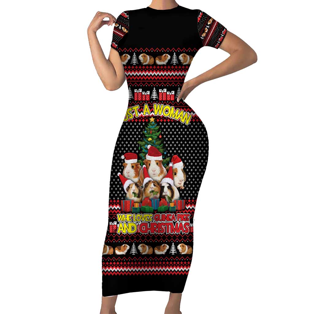 Guinea Pig Christmas Short Sleeve Bodycon Dress with Santa Hats Tree and Festive Gift Pattern - Wonder Print Shop