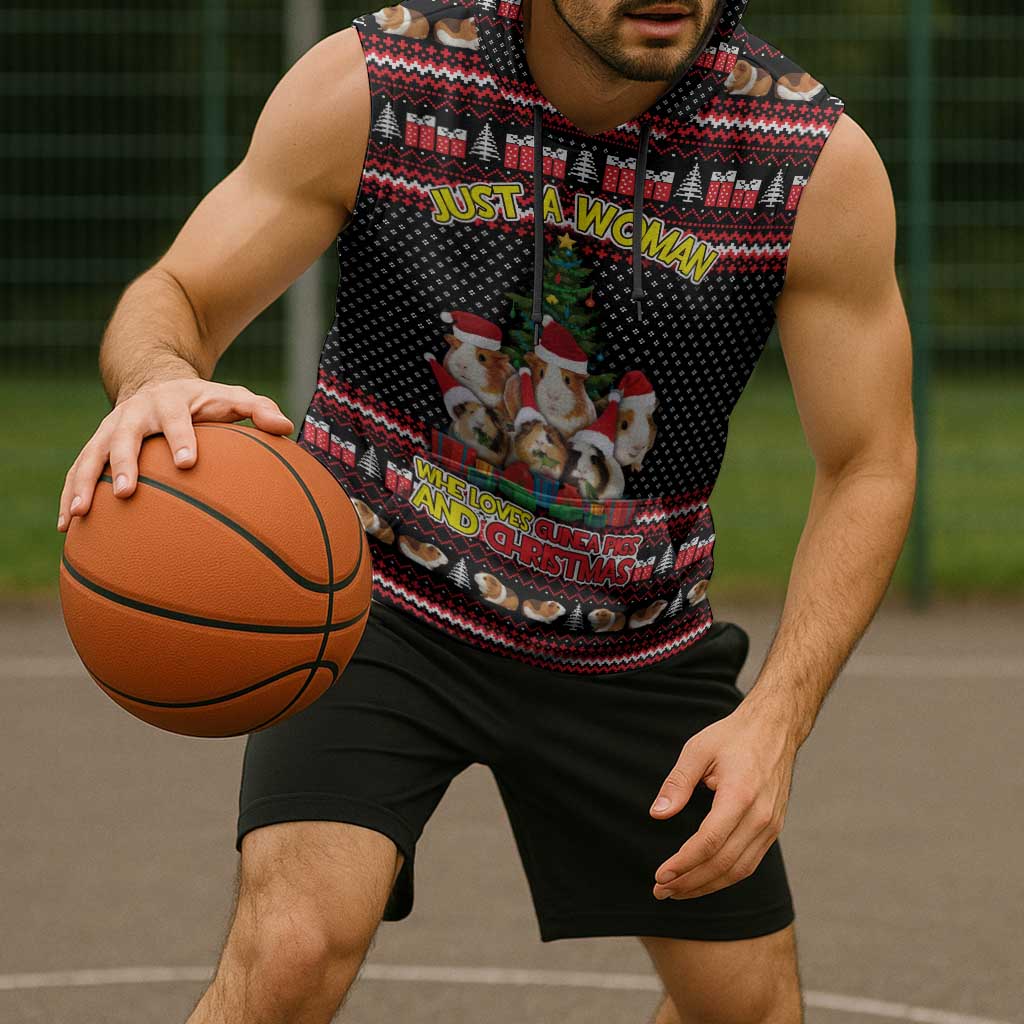 Guinea Pig Christmas Sleeveless Hoodie with Santa Hats Tree and Festive Gift Pattern - Wonder Print Shop