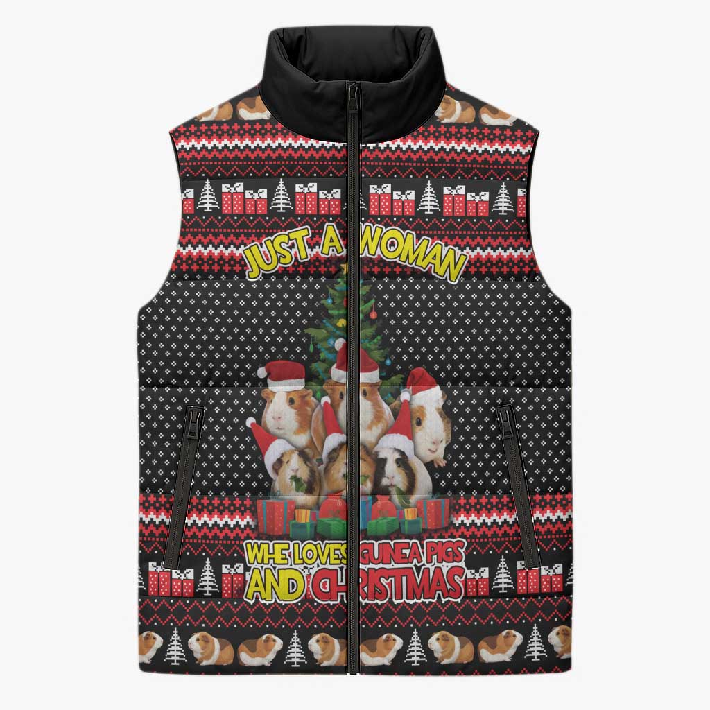 Guinea Pig Christmas Sleeveless Puffer Jacket with Santa Hats Tree and Festive Gift Pattern - Wonder Print Shop