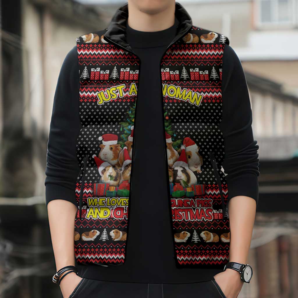 Guinea Pig Christmas Sleeveless Puffer Jacket with Santa Hats Tree and Festive Gift Pattern - Wonder Print Shop