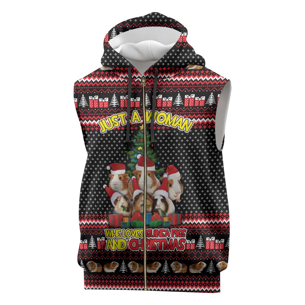Guinea Pig Christmas Sleeveless Zip Hoodie with Santa Hats Tree and Festive Gift Pattern - Wonder Print Shop
