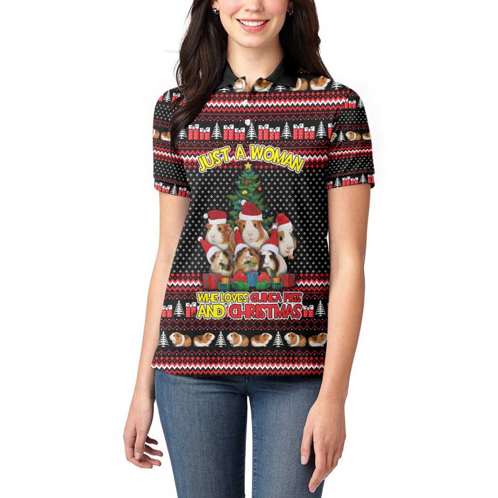 Guinea Pig Christmas Women Polo Shirt with Santa Hats Tree and Festive Gift Pattern - Wonder Print Shop