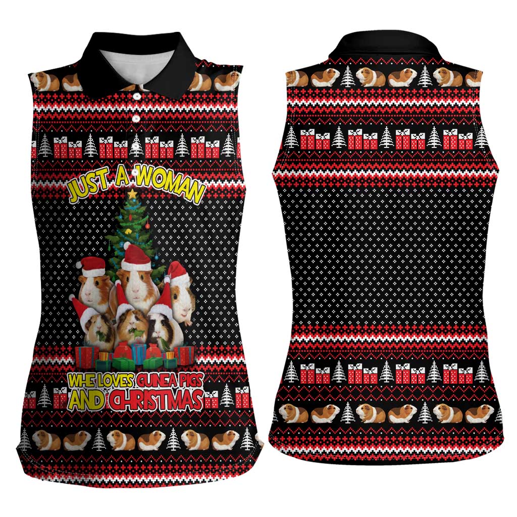 Guinea Pig Christmas Women Sleeveless Polo Shirt with Santa Hats Tree and Festive Gift Pattern - Wonder Print Shop