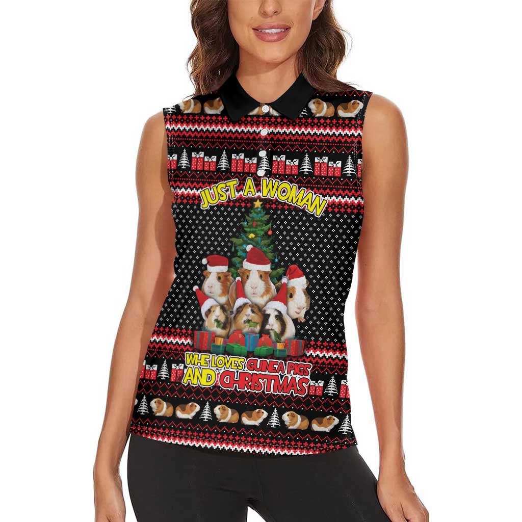 Guinea Pig Christmas Women Sleeveless Polo Shirt with Santa Hats Tree and Festive Gift Pattern - Wonder Print Shop