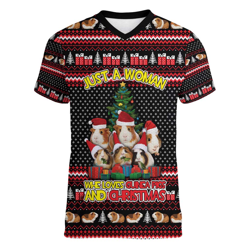 Guinea Pig Christmas Women V-Neck T-Shirt with Santa Hats Tree and Festive Gift Pattern - Wonder Print Shop