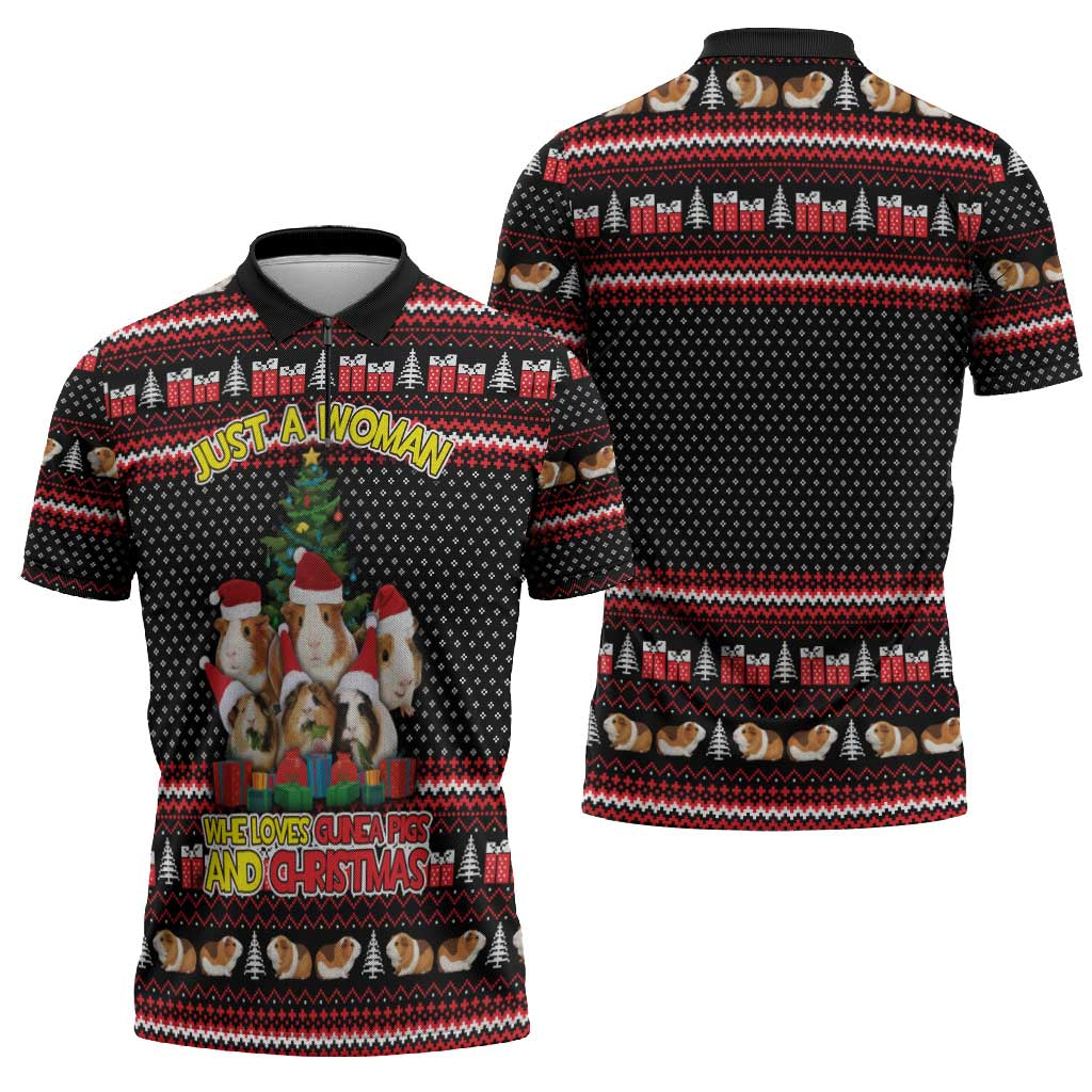 Guinea Pig Christmas Zipper Polo Shirt with Santa Hats Tree and Festive Gift Pattern - Wonder Print Shop