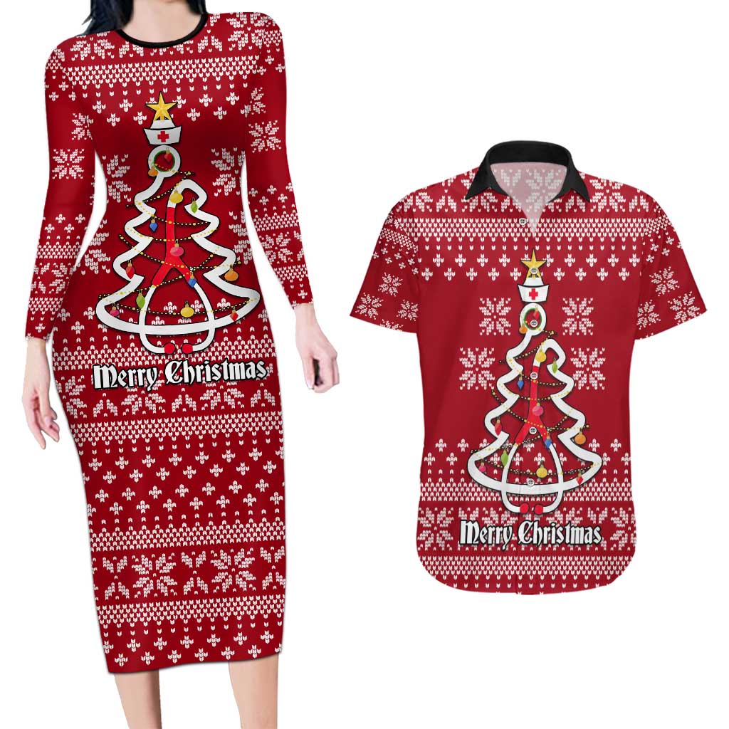 Nurse Merry Christmas Christmas Couples Matching Long Sleeve Bodycon Dress and Hawaiian Shirt Xmas Holiday Patterns - Wonder Print Shop