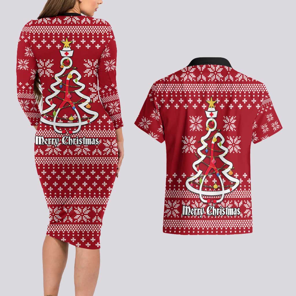 Nurse Merry Christmas Christmas Couples Matching Long Sleeve Bodycon Dress and Hawaiian Shirt Xmas Holiday Patterns - Wonder Print Shop