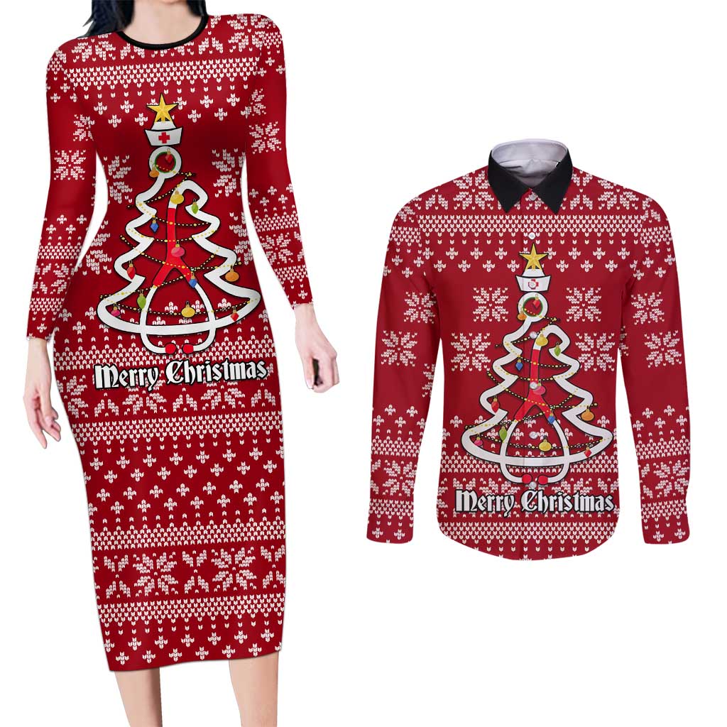 Nurse Merry Christmas Christmas Couples Matching Long Sleeve Bodycon Dress and Long Sleeve Button Shirt Xmas Holiday Patterns - Wonder Print Shop