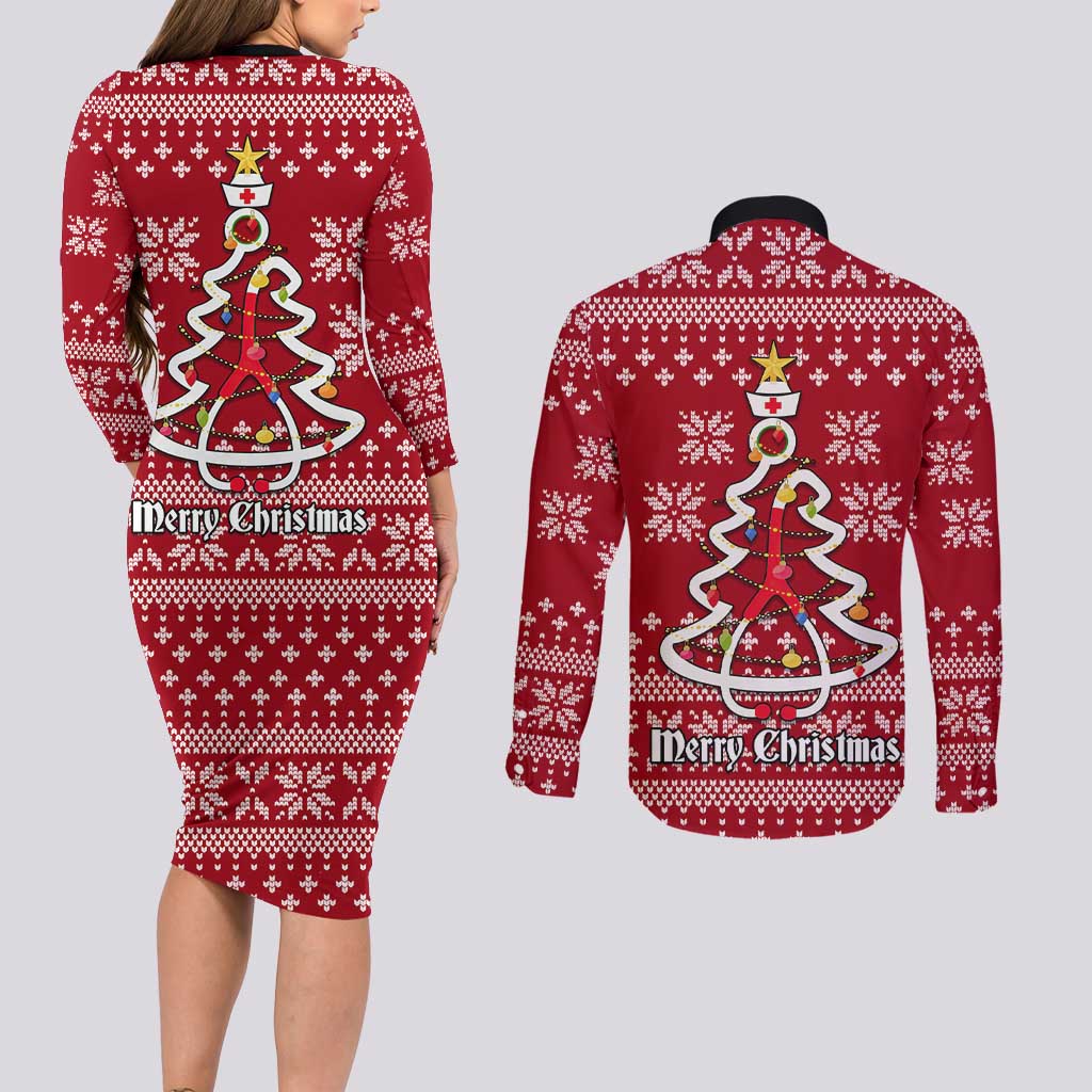 Nurse Merry Christmas Christmas Couples Matching Long Sleeve Bodycon Dress and Long Sleeve Button Shirt Xmas Holiday Patterns - Wonder Print Shop
