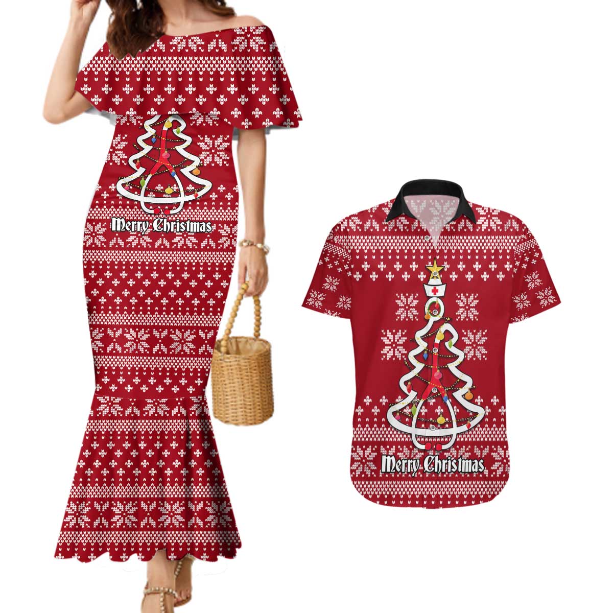 Nurse Merry Christmas Christmas Couples Matching Mermaid Dress and Hawaiian Shirt Xmas Holiday Patterns - Wonder Print Shop