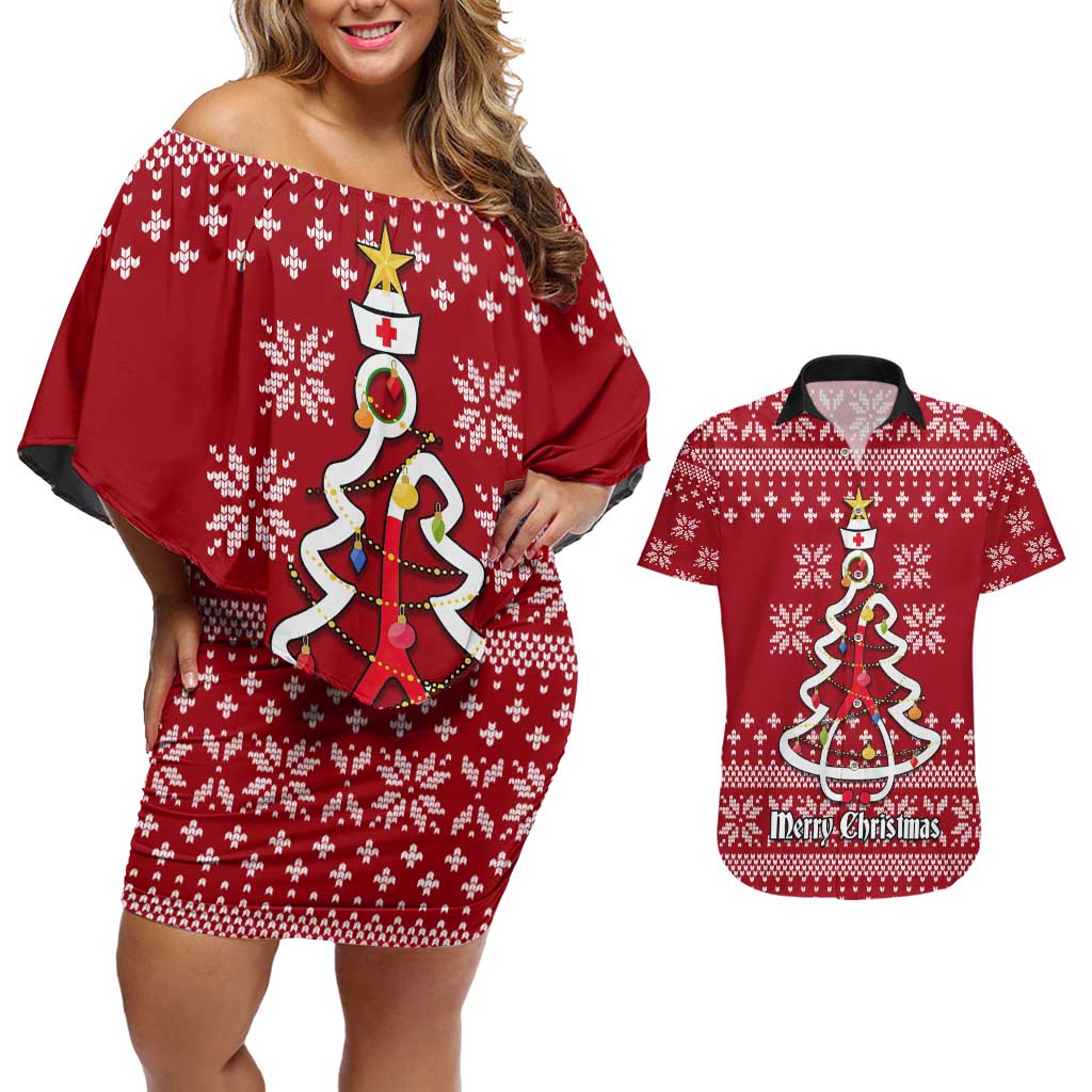 Nurse Merry Christmas Christmas Couples Matching Off Shoulder Short Dress and Hawaiian Shirt Xmas Holiday Patterns - Wonder Print Shop