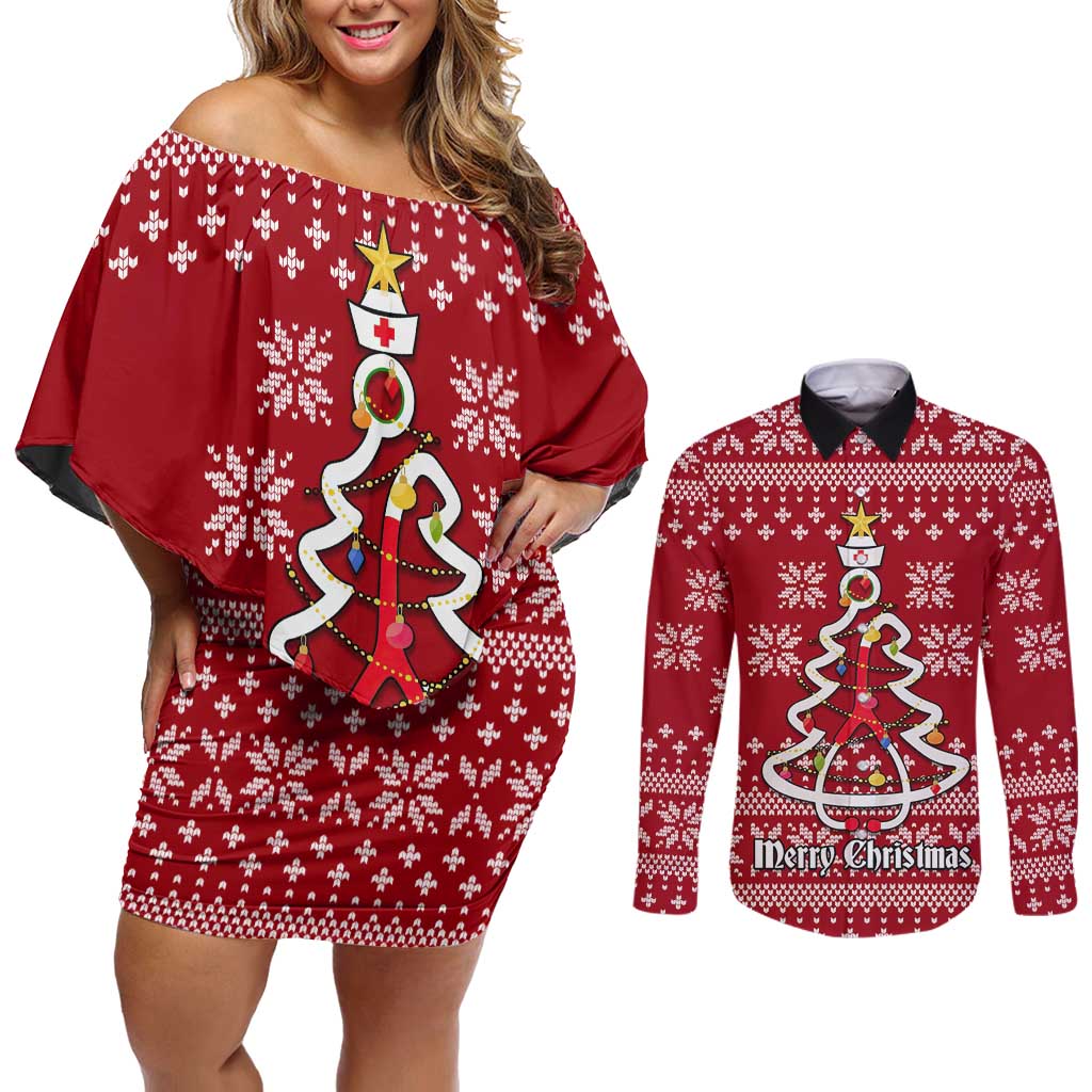 Nurse Merry Christmas Christmas Couples Matching Off Shoulder Short Dress and Long Sleeve Button Shirt Xmas Holiday Patterns - Wonder Print Shop