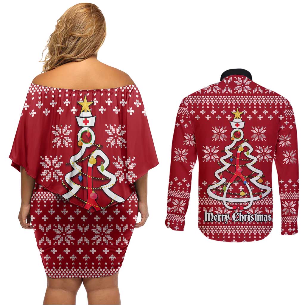 Nurse Merry Christmas Christmas Couples Matching Off Shoulder Short Dress and Long Sleeve Button Shirt Xmas Holiday Patterns - Wonder Print Shop