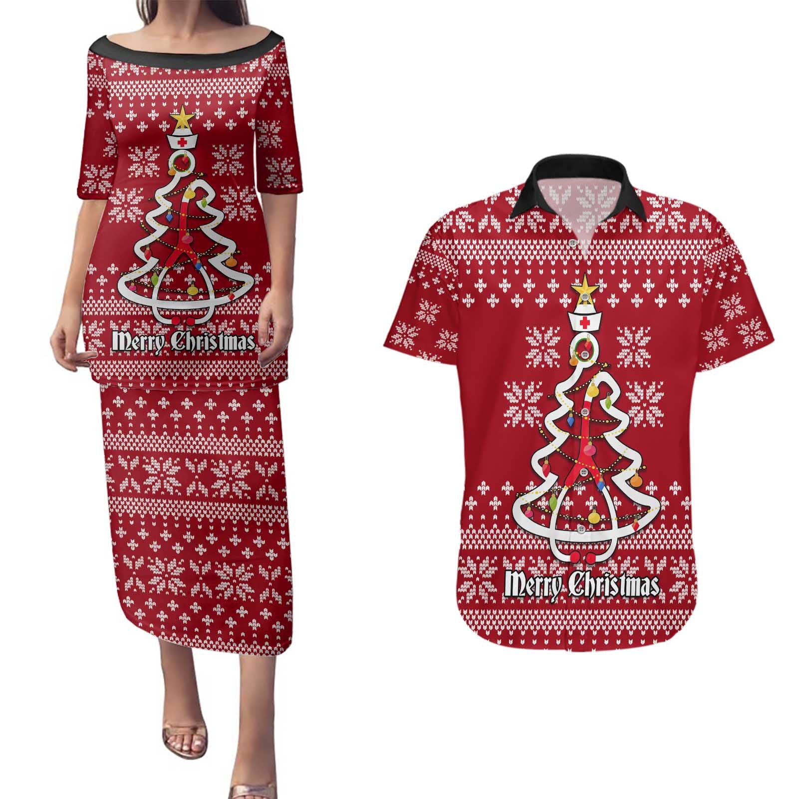 Nurse Merry Christmas Christmas Couples Matching Puletasi and Hawaiian Shirt Xmas Holiday Patterns - Wonder Print Shop
