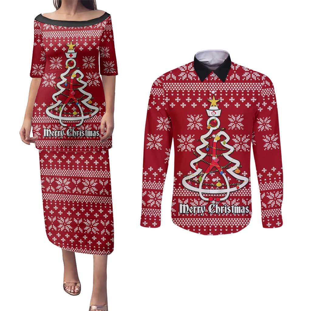 Nurse Merry Christmas Christmas Couples Matching Puletasi and Long Sleeve Button Shirt Xmas Holiday Patterns - Wonder Print Shop