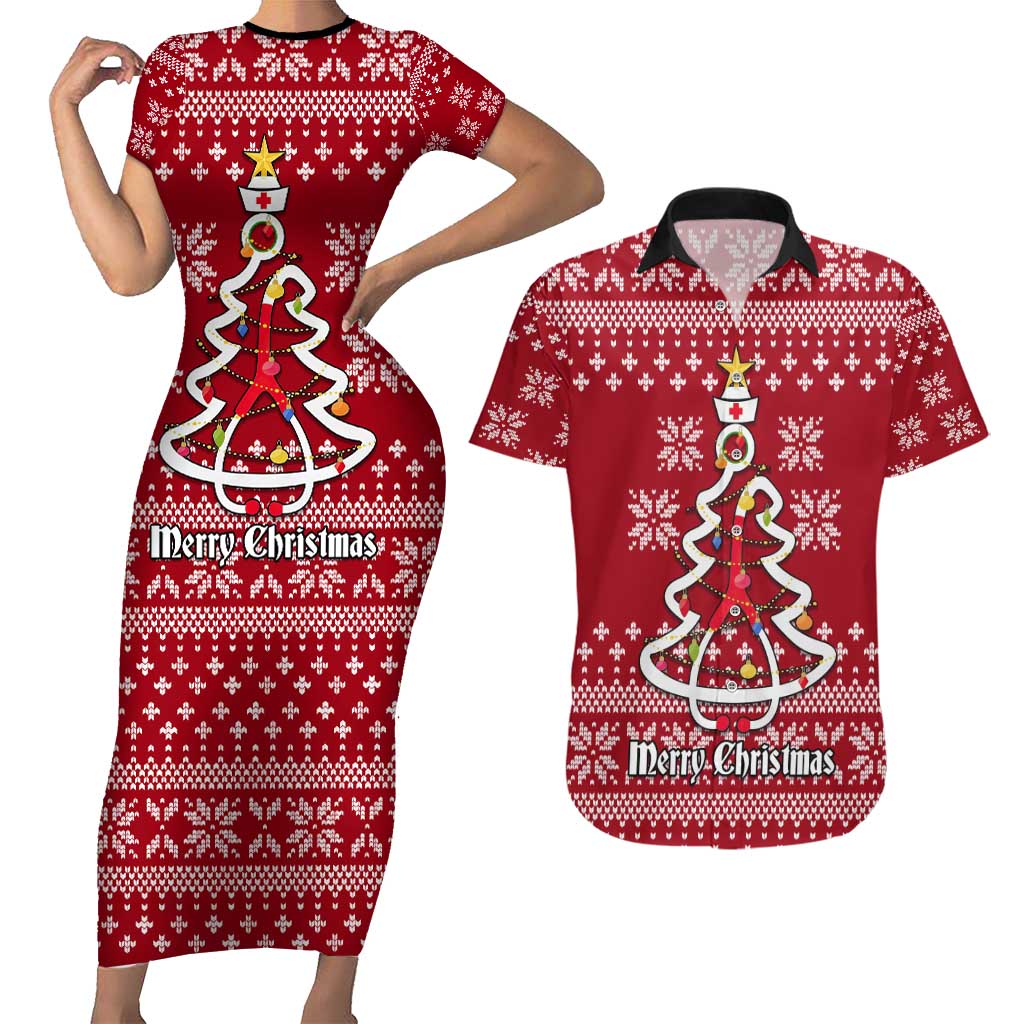 Nurse Merry Christmas Christmas Couples Matching Short Sleeve Bodycon Dress and Hawaiian Shirt Xmas Holiday Patterns - Wonder Print Shop