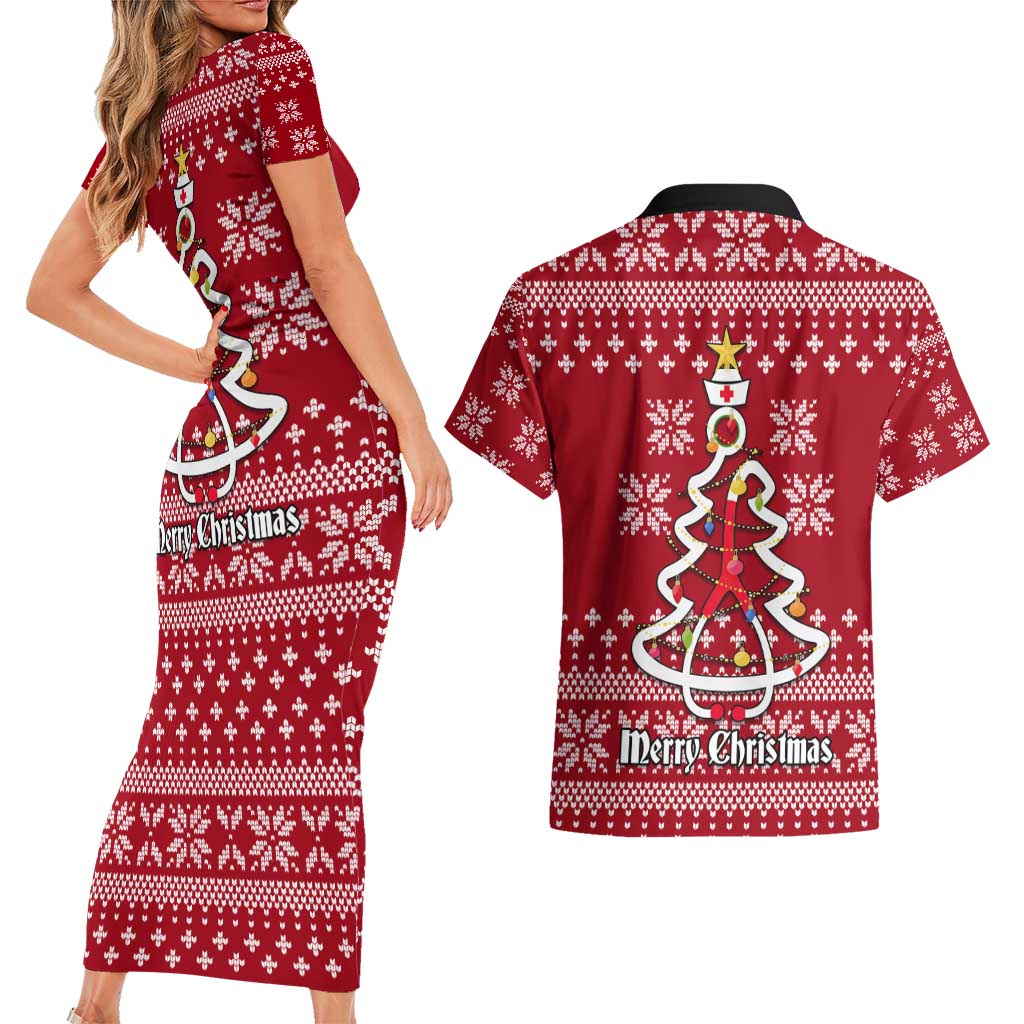 Nurse Merry Christmas Christmas Couples Matching Short Sleeve Bodycon Dress and Hawaiian Shirt Xmas Holiday Patterns - Wonder Print Shop