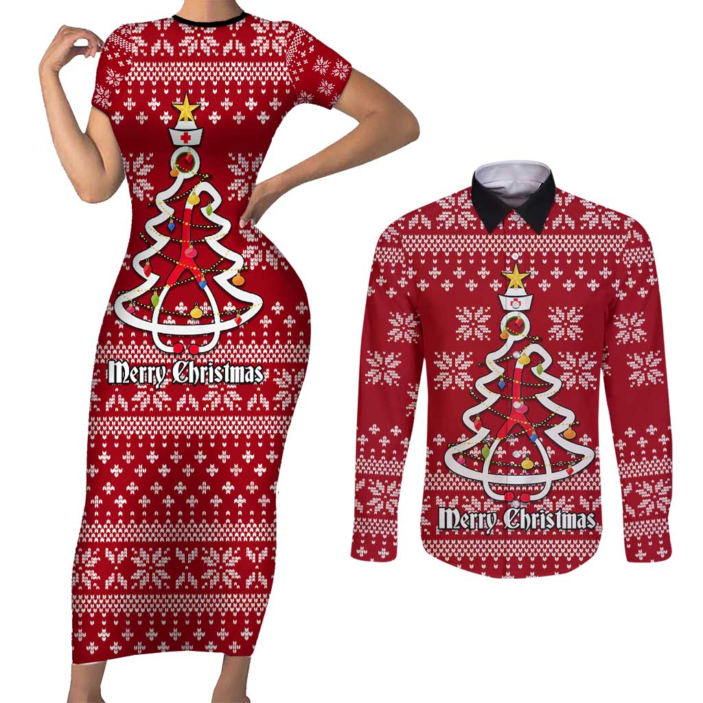 Nurse Merry Christmas Christmas Couples Matching Short Sleeve Bodycon Dress and Long Sleeve Button Shirt Xmas Holiday Patterns - Wonder Print Shop