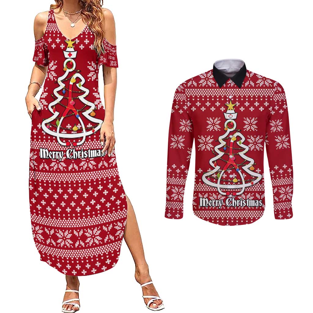 Nurse Merry Christmas Christmas Couples Matching Summer Maxi Dress and Long Sleeve Button Shirt Xmas Holiday Patterns - Wonder Print Shop