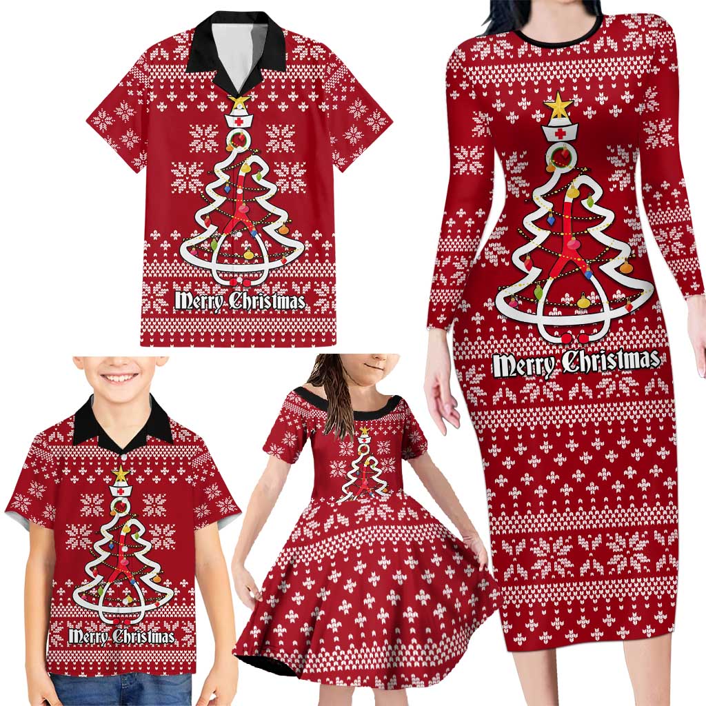 Nurse Merry Christmas Christmas Family Matching Long Sleeve Bodycon Dress and Hawaiian Shirt Xmas Holiday Patterns - Wonder Print Shop