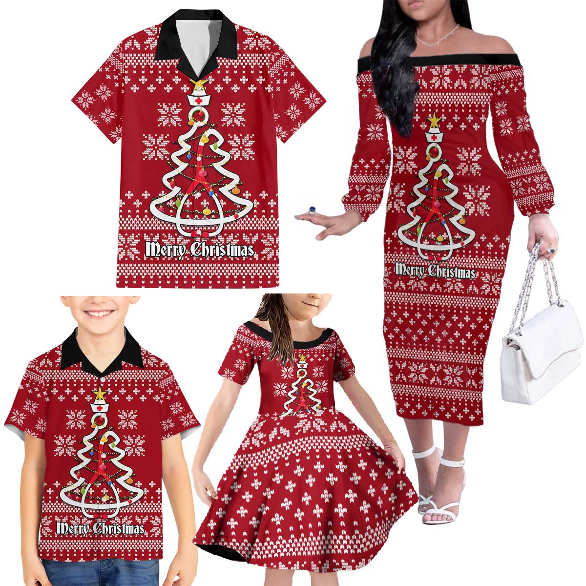 Nurse Merry Christmas Christmas Family Matching Off The Shoulder Long Sleeve Dress and Hawaiian Shirt Xmas Holiday Patterns - Wonder Print Shop