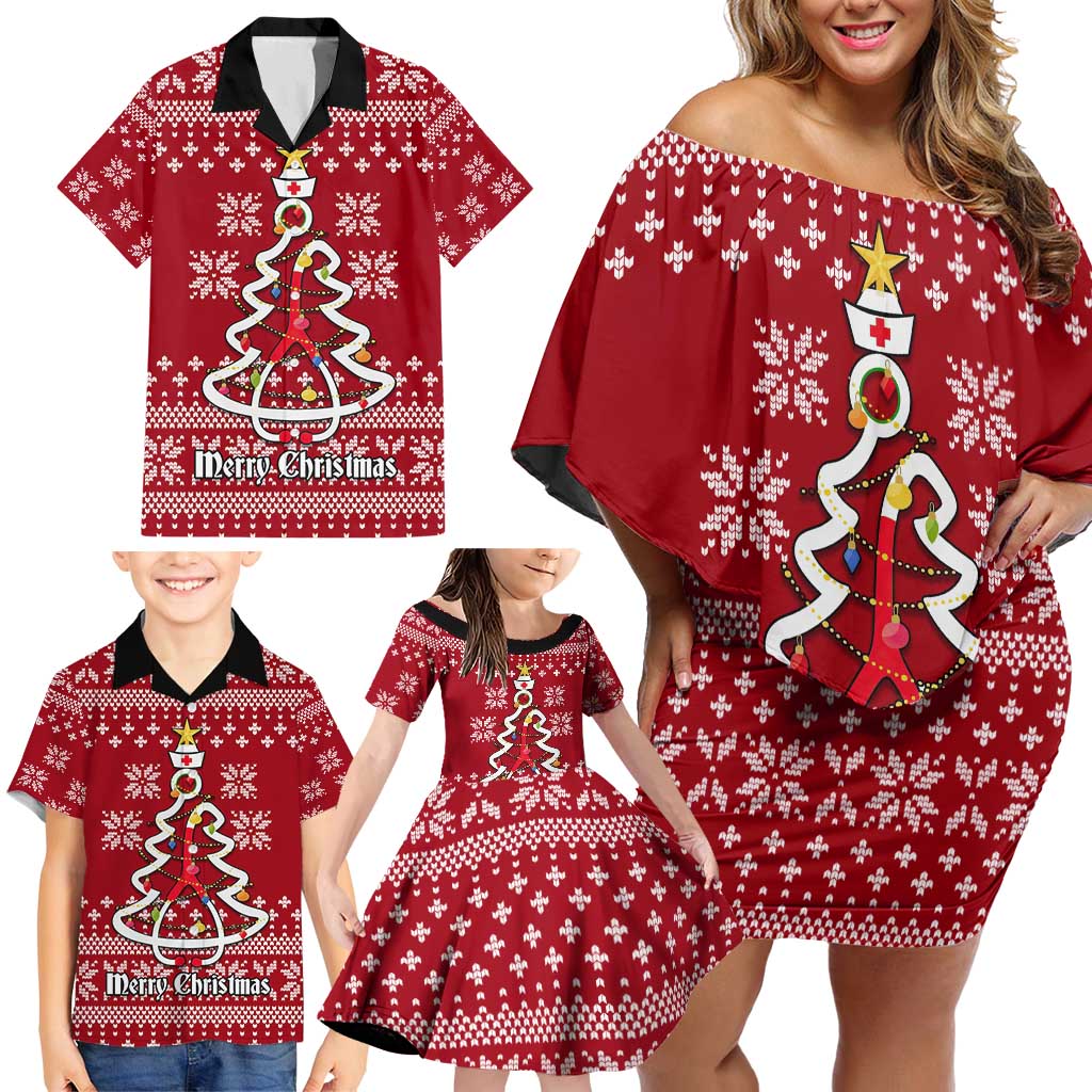 Nurse Merry Christmas Christmas Family Matching Off Shoulder Short Dress and Hawaiian Shirt Xmas Holiday Patterns - Wonder Print Shop