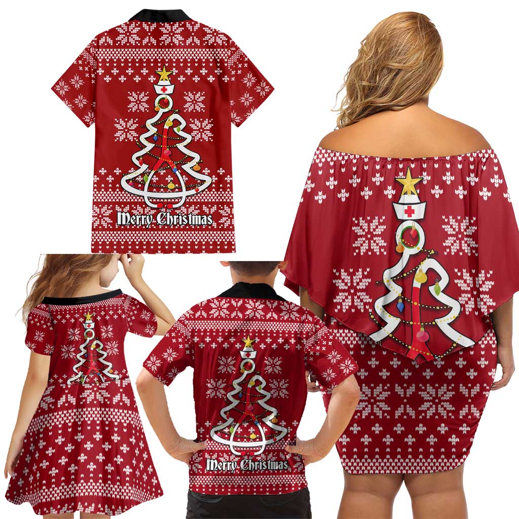 Nurse Merry Christmas Christmas Family Matching Off Shoulder Short Dress and Hawaiian Shirt Xmas Holiday Patterns - Wonder Print Shop